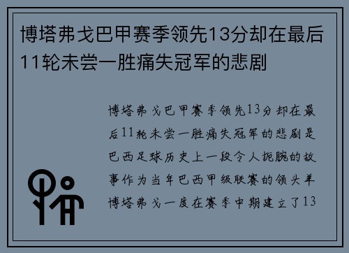 博塔弗戈巴甲赛季领先13分却在最后11轮未尝一胜痛失冠军的悲剧 博塔弗戈巴甲赛季领先13分却在最后11轮未尝一胜痛失冠军的悲剧